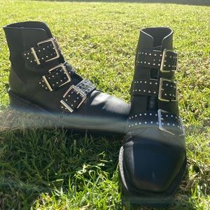Black faux leather booties